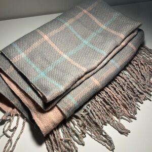 Plaid Fringe Scarf in Gray and Pink
